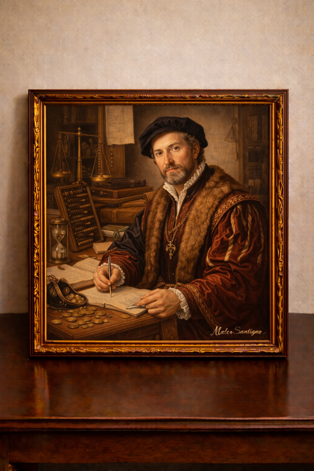 Merchant at desk with coins and parchment