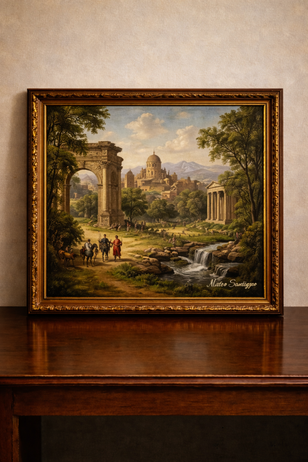 Renaissance countryside with travelers and ruins